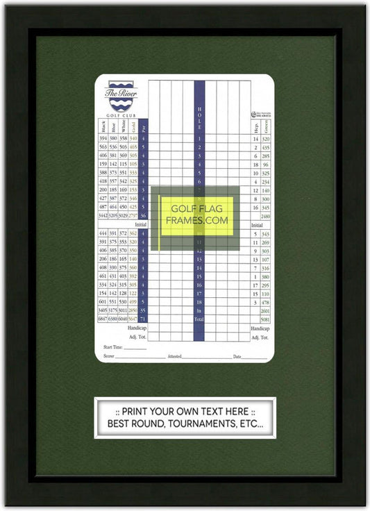 Custom Size Golf Scorecard Frame; Black Wood Frame, Scorecard Size 5x8V, Mat Color Green