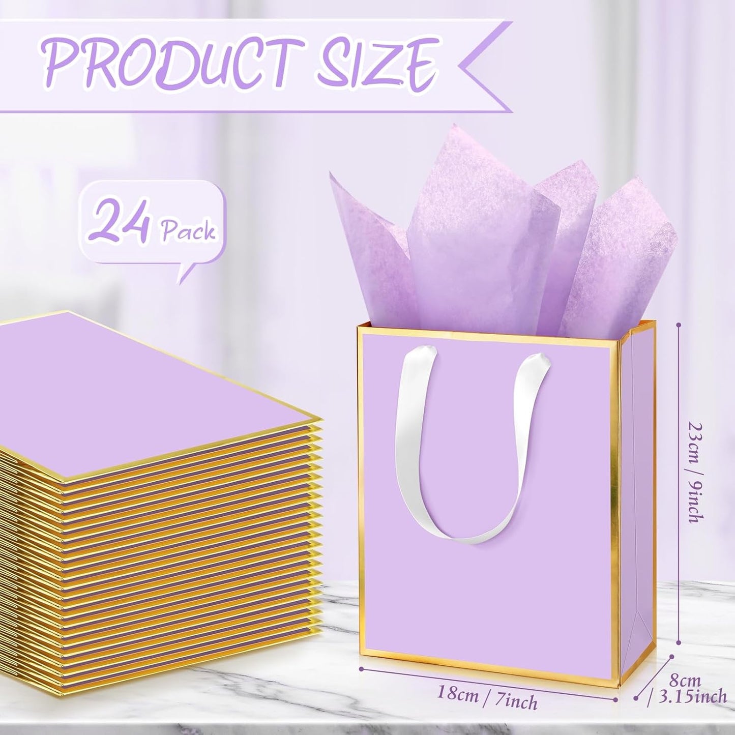 Yeaqee 24 Pack Metallic Paper Gift Bags with Handle and Tissue 9x7x3.1 Gold Foil Welcome Favor Bags Return Gifts for Wedding Fall 5 Senses Christmas Bridesmaid Birthday(Lavender, Gold)