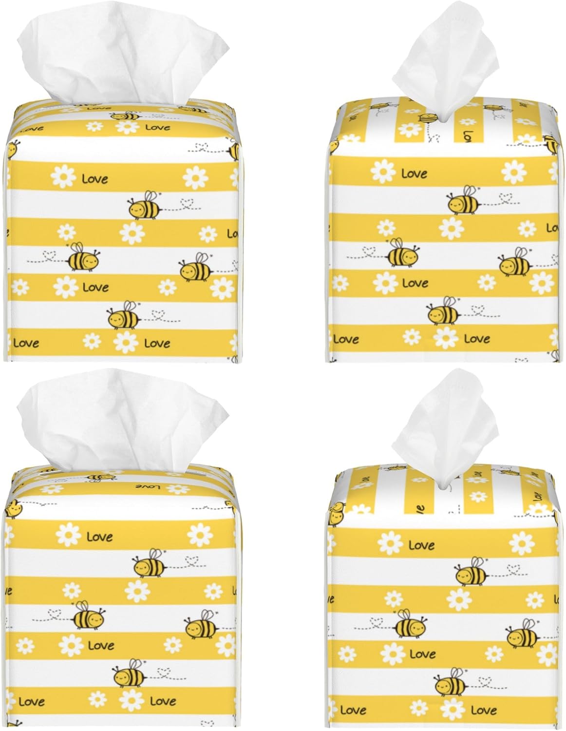 Cute Bees and Daisy Flowers Tissue Box Cover Square,Yellow Bee Daisies Love Tissue Box Holder Waterproof Leather Facial Paper Organizer Dispenser for Bathroom Home Car Nightstand Vanity Desk