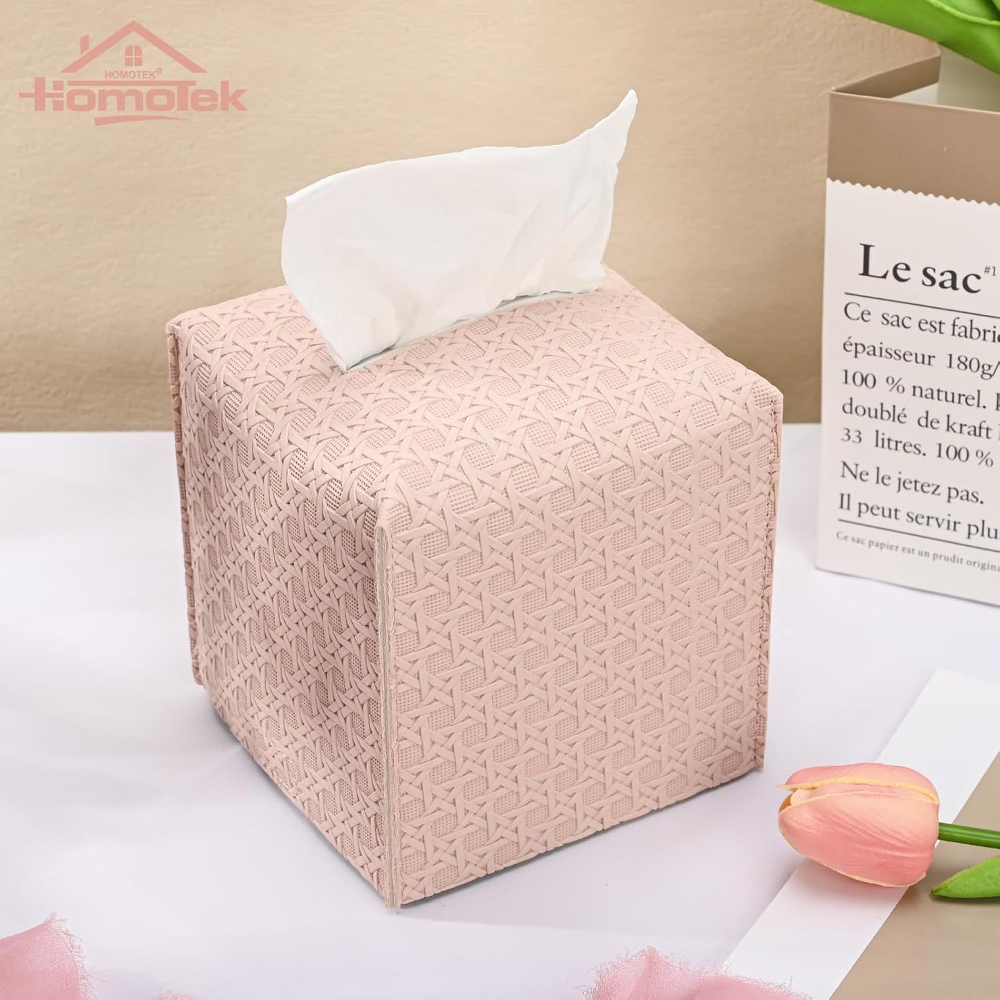 HOMOTEK 2 Pack Tissue Box Cover, Square PU Leather Tissue Holder, Decorative Facial Tissue Cube Paper Organizer Dispenser for Bathroom, Night Stands, Desk, Car 5X5X5'' - Rattan Weave,Macaron Pink
