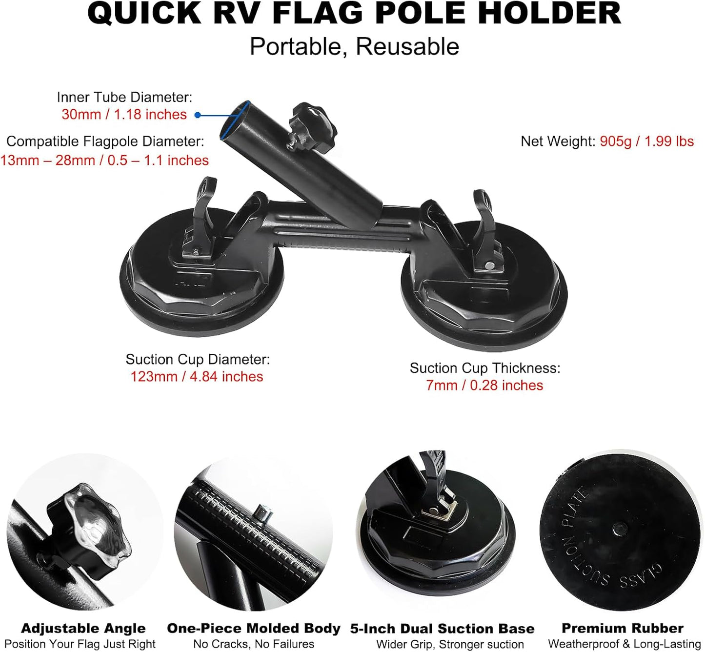 Quick Flag Mount - Suction Cup Flag Pole Holder for RV, Truck, Boat, Camper, Car, Golf Cart - No-Drill Heavy-Duty Suction - Outdoor Flag Bracket for Camping, Tailgating, Patriotic Display