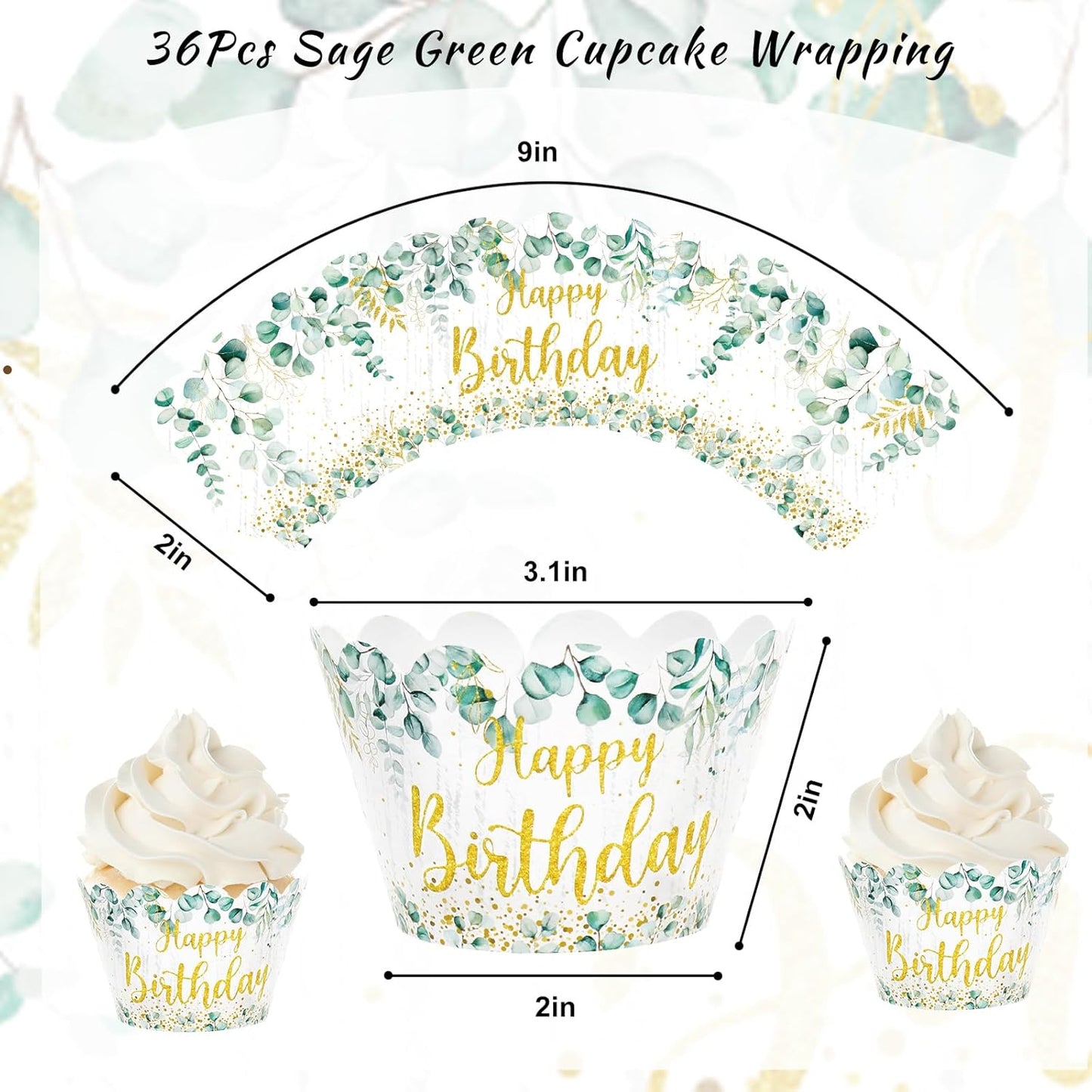 Whaline 36Pcs Happy Birthday Cupcake Wrappers Sage Green Eucalyptus Cupcake Liners Glitter Gold Birthday Decorative Cupcake Holders for Baby Shower Party Cake Decoration