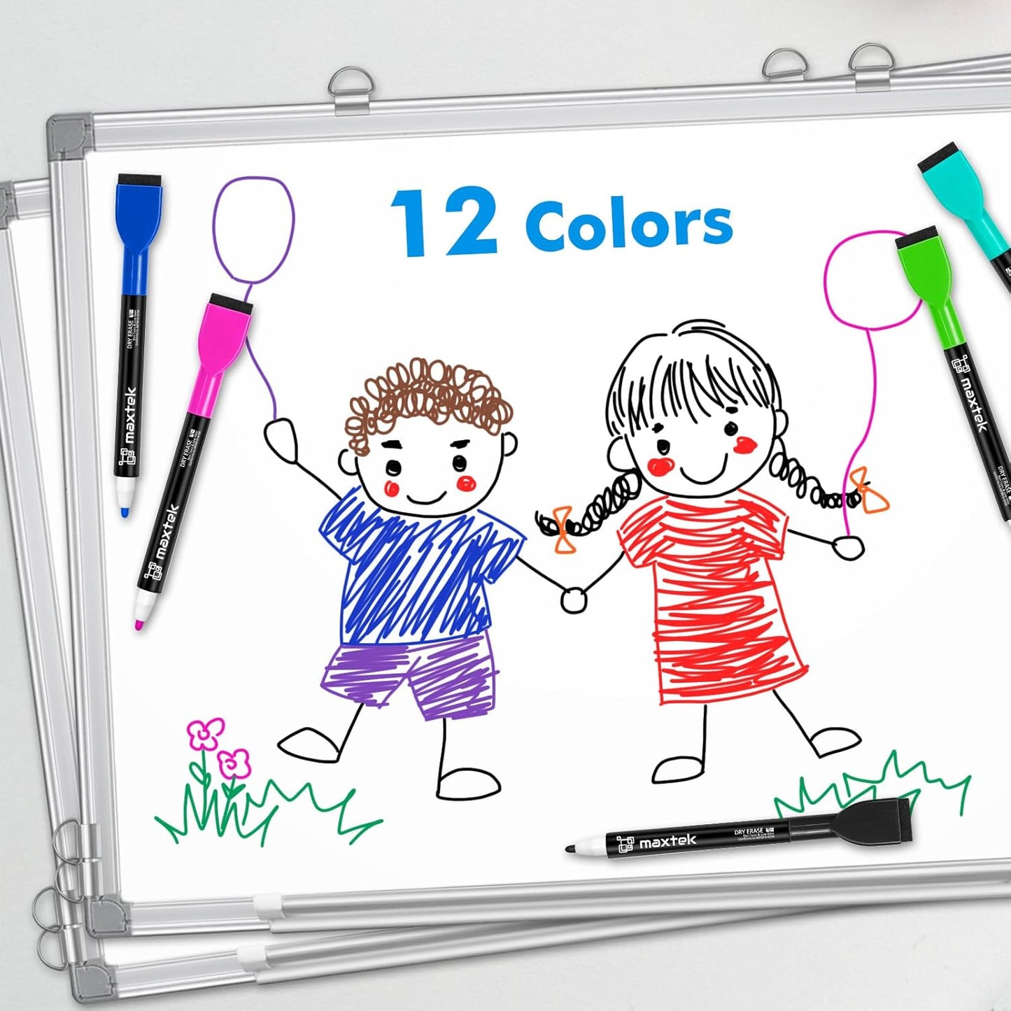 maxtek 24 Count Magnetic Dry Erase Markers, Fine Tip, 12 Colors Whiteboard Markers with Built-in Eraser, Low Odor Thin Markers