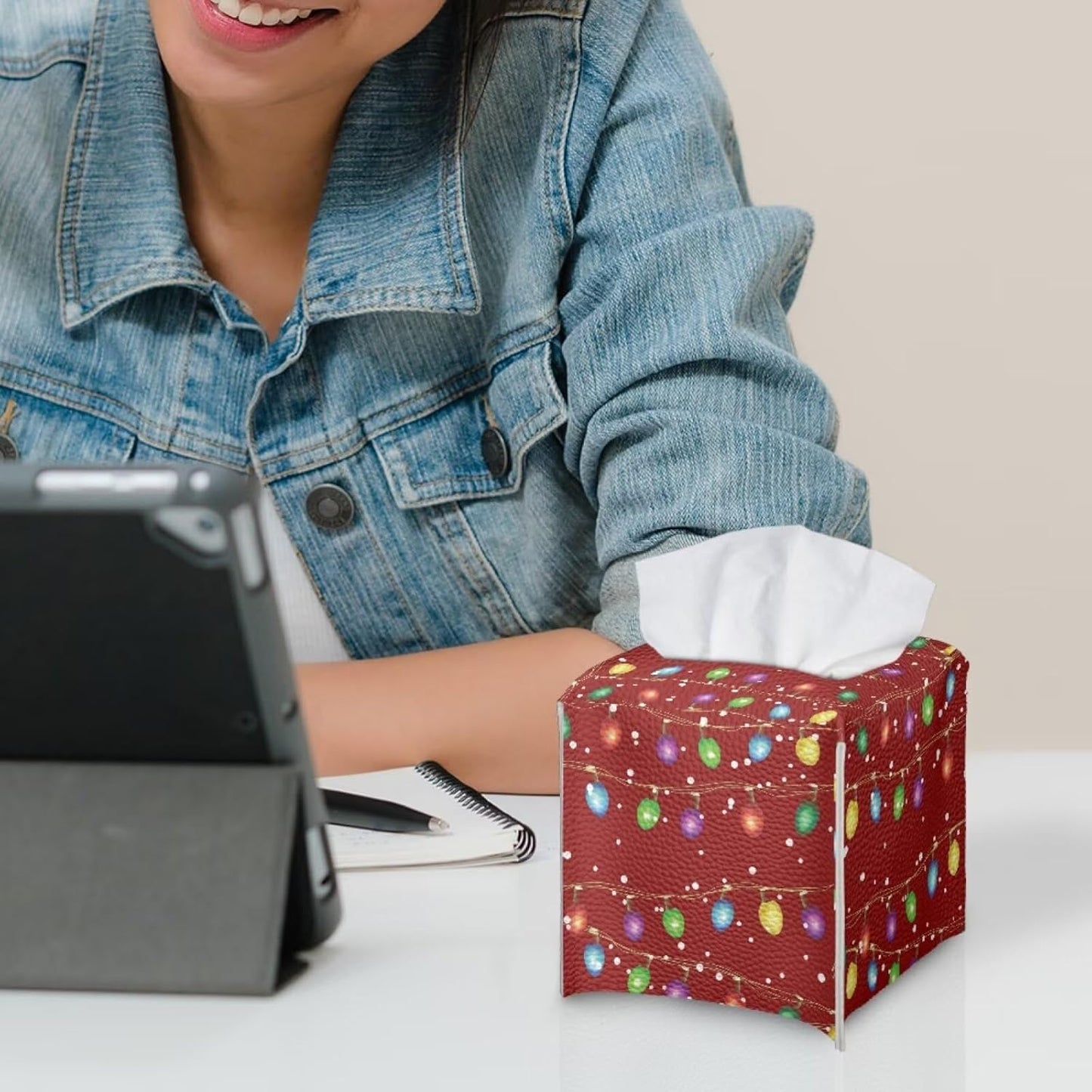 Christmas Tissue Box Cover Cube Leather Tissue Cover 5x5x5 inch Facial Paper Box Holder Christmas Home Decorations for Desk Bathroom Vanity Countertop