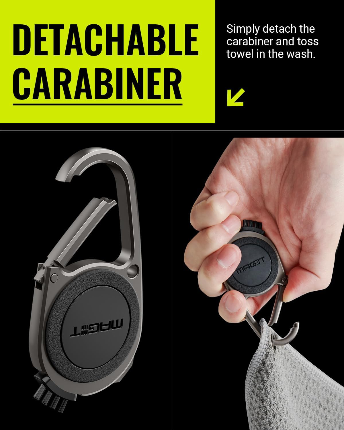 MAG-iT Magnetic Golf Towel with Carabiner | Strong Magnet, Ultra-Absorbent Microfiber, Groove Cleaner for Golf Bags - Grey