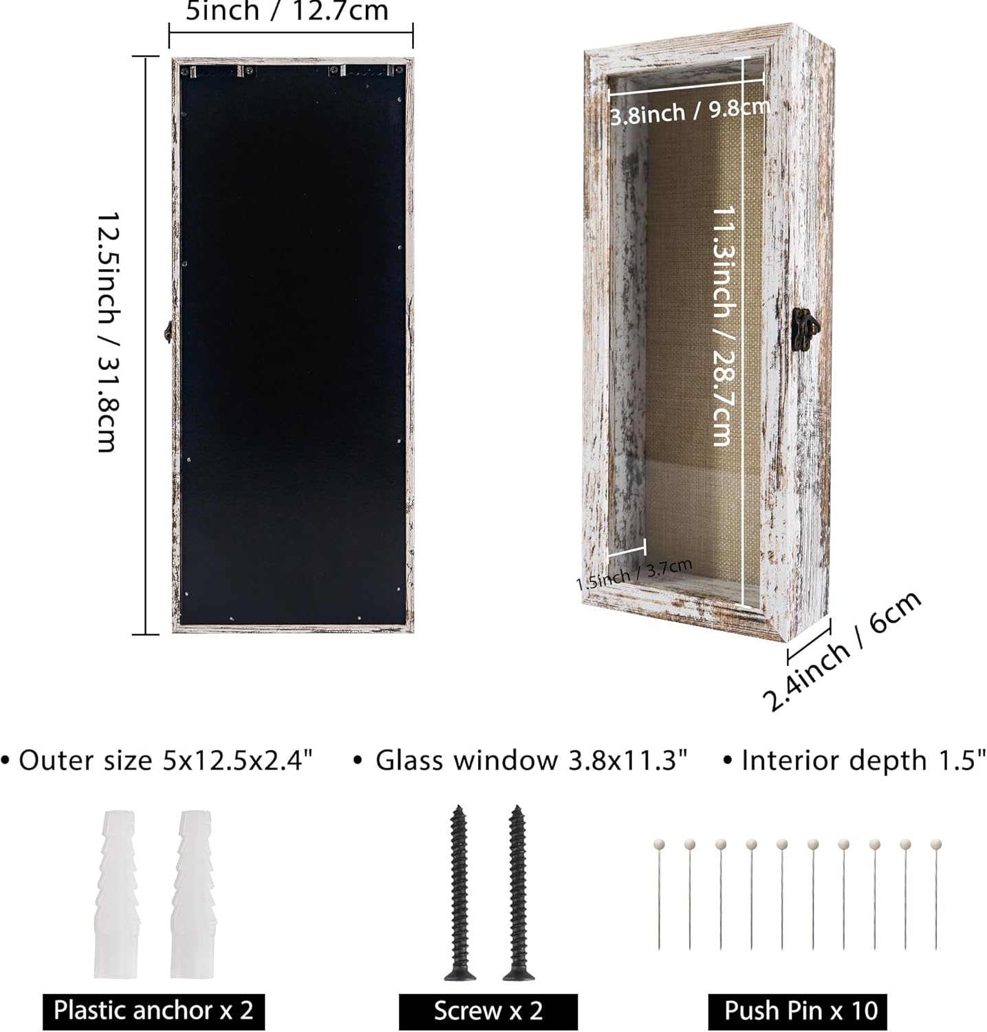 GraduatePro Shadow Box Frame 5x12.5 Display Case with Linen Back, Real Glass Window Door with Hinge, Picture Frame Wedding Bouquet Memorabilia Medals Photos Memory Box for Keepsakes, Rustic White