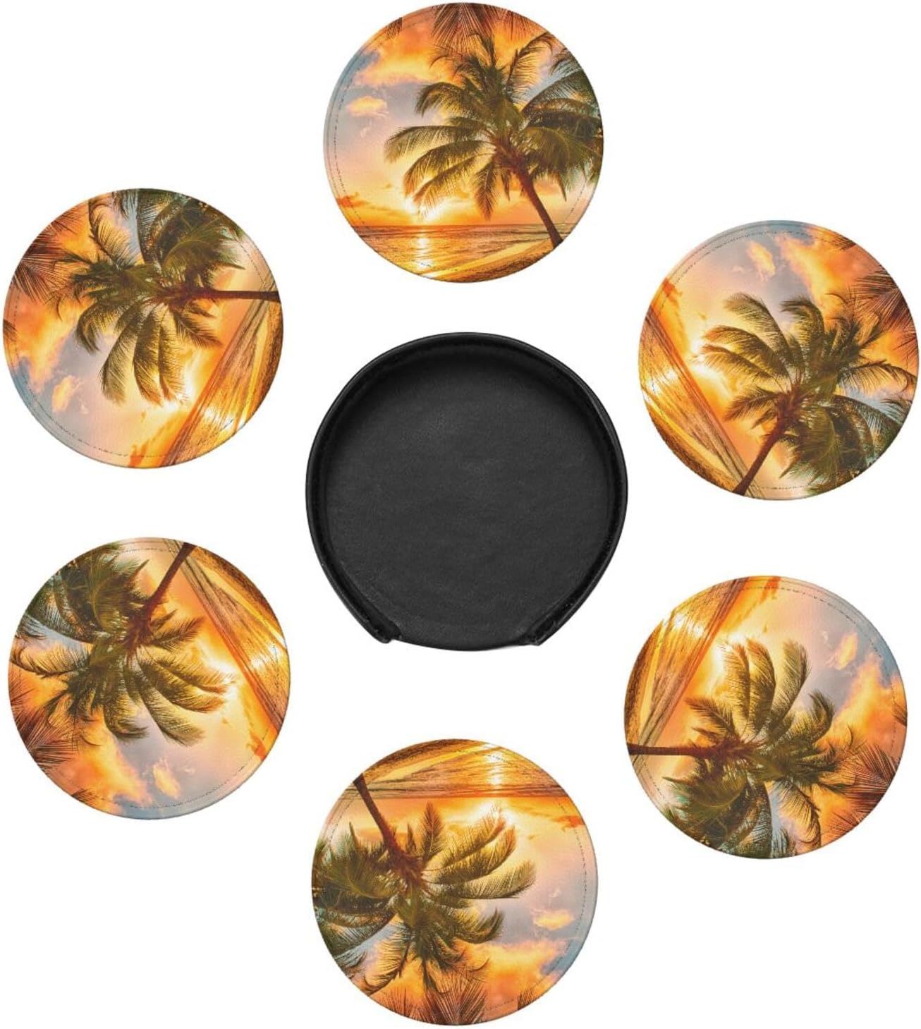 Sunset Palm Tree Tropical Beach Coasters for Drinks Round Leather Coaster with Holder Set of 6 for Tabletop Protection Desk Accessories Office Home Room Decor