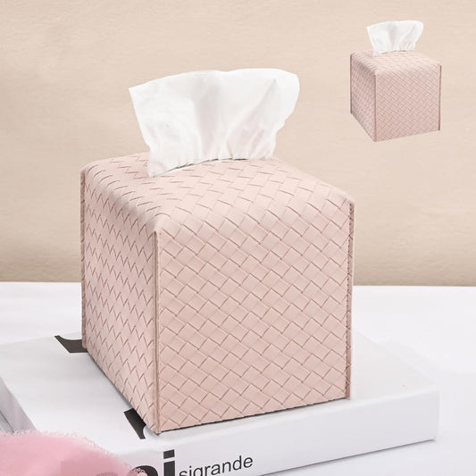 HOMOTEK 2 Pack Tissue Box Cover, Square PU Leather Tissue Holder, Decorative Facial Tissue Cube Paper Organizer Dispenser for Bathroom, Night Stands, Desk, Car 5X5X5'' - Woven Waffle,Macaron Pink