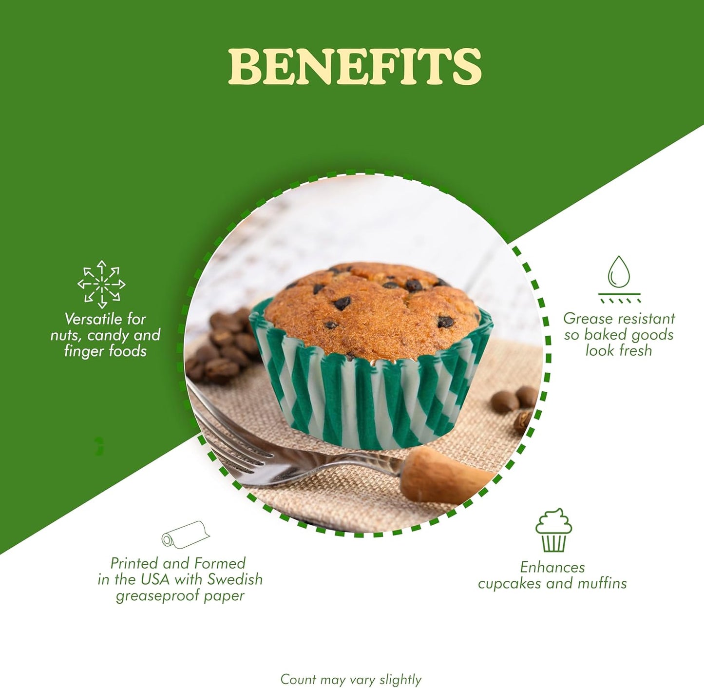 Regency Wraps Greaseproof Professional Grade Baking Cups, Pack of 40, Standard Liners, Green/White Stripe, for Cupcakes, Muffins, Candy, Non Stick