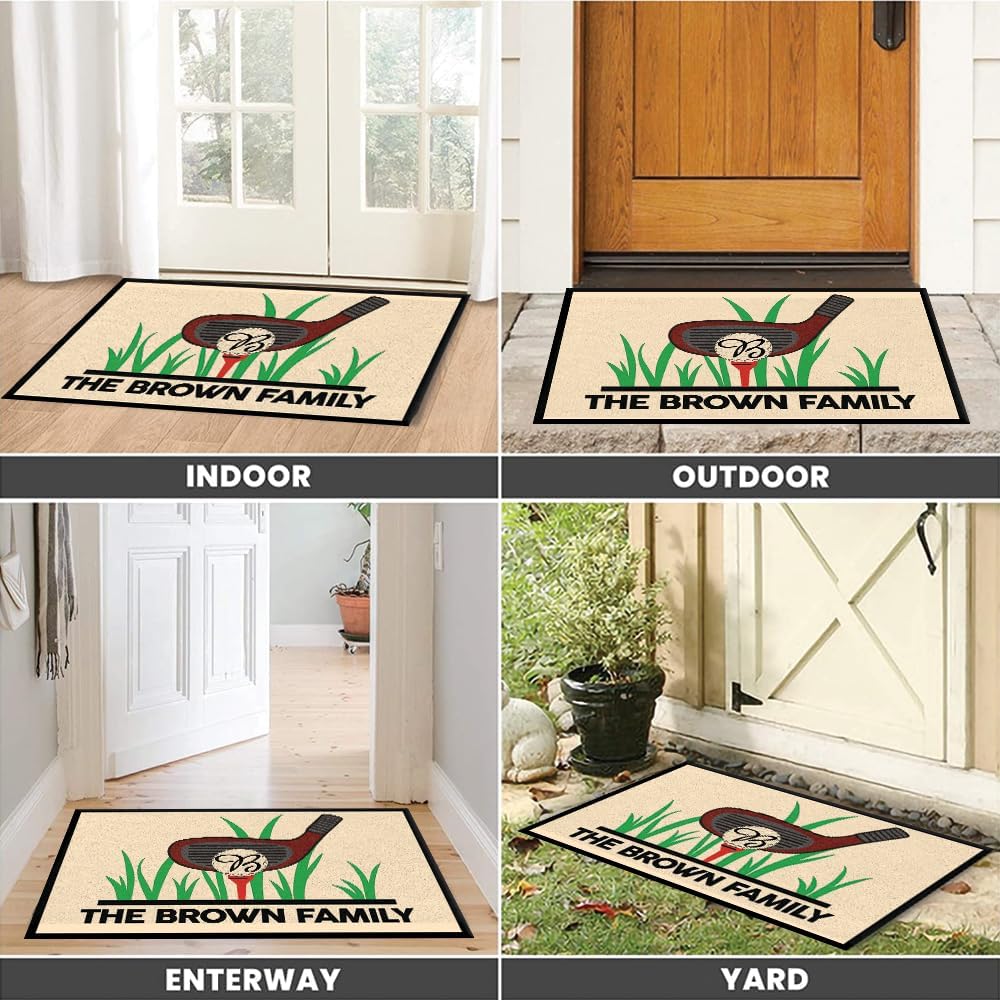 Personalized Golf Non-Slip Doormat with Family Name – Custom Entry Rug Featuring Club, Tee, and Monogram Golf Ball – Durable Outdoor Welcome Mat for Garage, Porch, Golf Cart Area, or Patio Entrance
