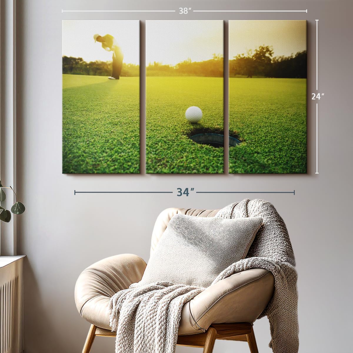 ElephantStock Golf Ball Strike Wall Art - Horizontal Canvas - 3-Piece Living Room Wall Decor - Photography Sports Canvas Print - Green and White Decor for Wall - 38" X 24"