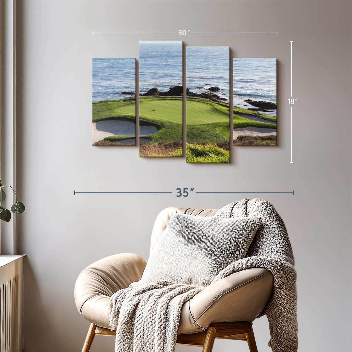 Elephant Stock Pebble Beach Golf Turf Wall Art - Horizontal Canvas - 4-Piece Hallway Wall Decor - Photographic Canvas Print - Brown and Blue Decor for Wall - 30" X 18"