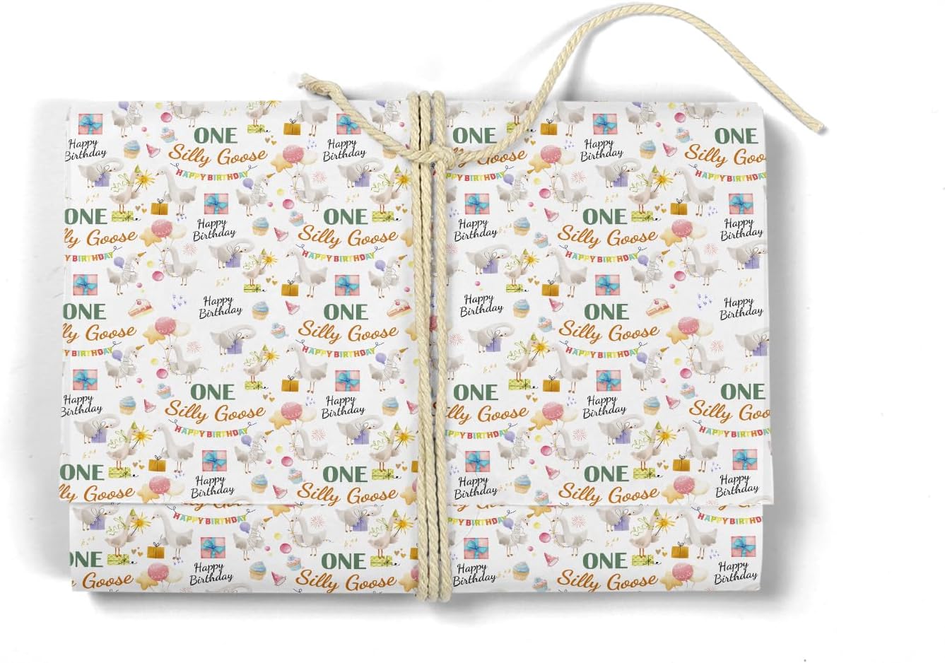 MJSXY Goose Wrapping Paper, One Silly Goose Birthday Decorations. 5 Sheets 19.6x27.5 Inch with White Gooses & Balloons for 1st Birthday Gift Wrapping, Baby Shower Party Supplies Decors.