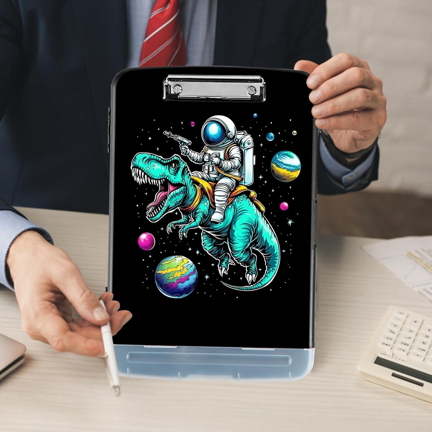 Clipboard with Storage - Large Capacity,Nursing Clipboard with Pen Holder,Heavy Duty,Plastic Side-Opening Folder for Teacher,Nurse - Dinosaur Astronaut