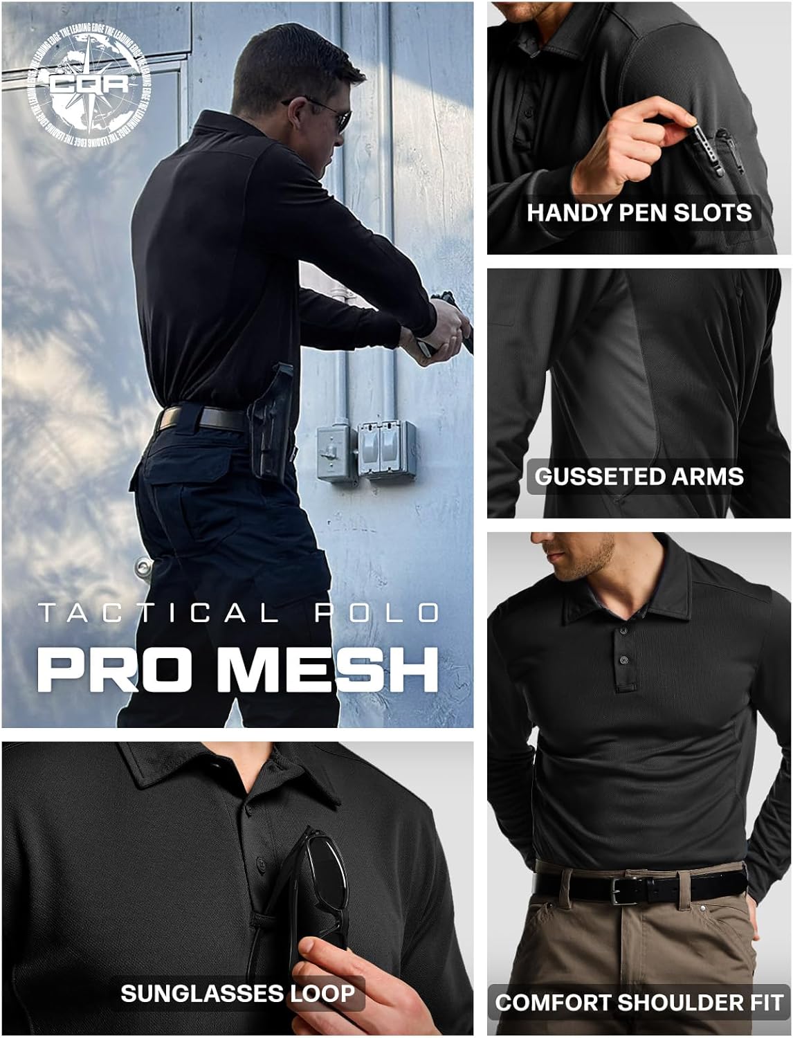 CQR Men's Polo Shirt, Long Sleeve Tactical Shirts, Outdoor UPF 50+ Pique Shirt, Dry Fit Lightweight Golf Shirts