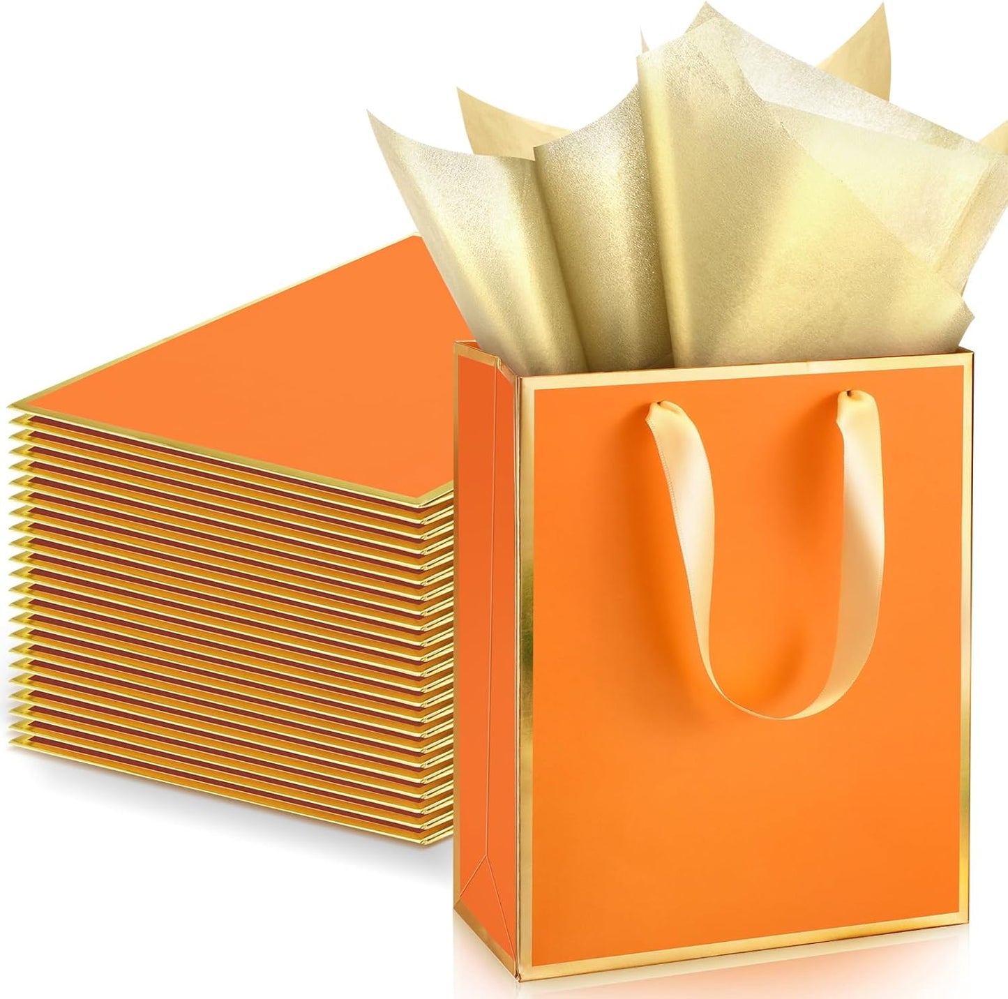 Yeaqee 24 Pack Metallic Paper Gift Bags with Handle and Tissue 9x7x3.1 Gold Foil Welcome Favor Bags Return Gifts for Wedding Fall 5 Senses Christmas Bridesmaid Birthday(Orange, Gold)