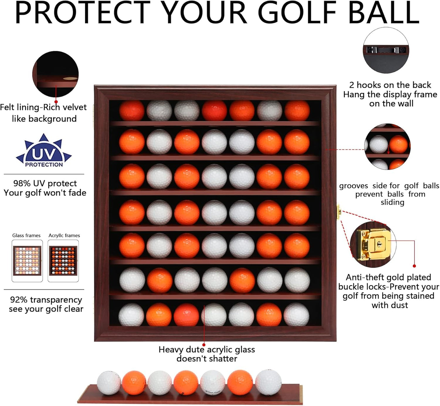 49 Golf Ball Display Case Cabinet Wall,Golf Ball Display Rack ,Golf Gift for Golf Enthusiast Collectibles with UV Protection Acrylic Door(Mahogany)