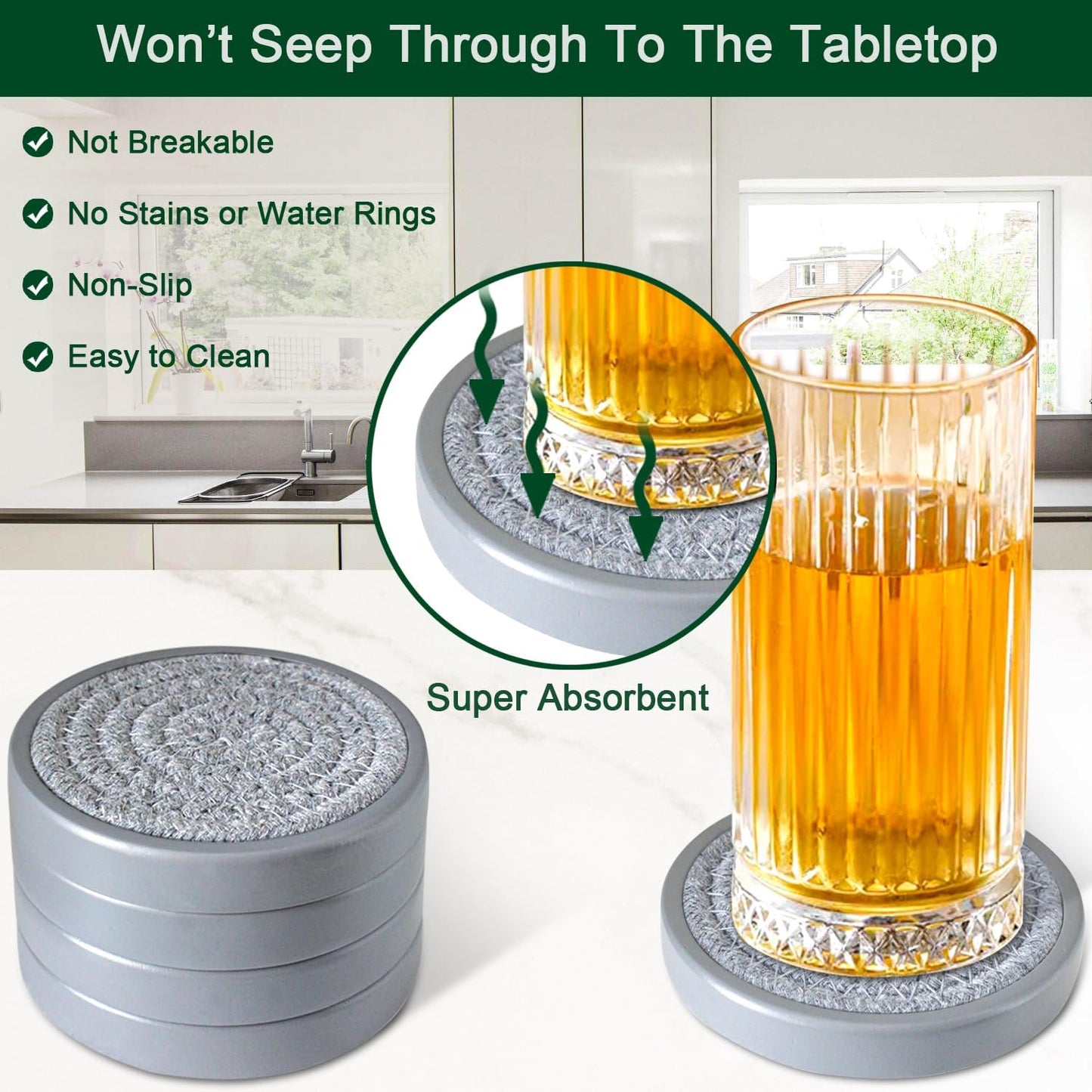 Drink Coasters Set of 5, Coasters for Drinks Absorbent, Wood Coasters for Coffee Table, Housewarming Gift for Farmhouse Home Decor,4 inches (Gray)