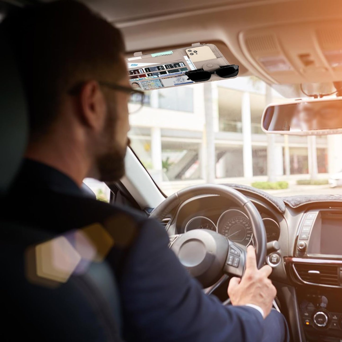 Leather Car Sun Visor Organizer for Cars, Trucks & SUVs: Features Sunglasses Holder, Secure Zipper Pockets, and 6 Clear Windows for Registration, Driver's License, and Insurance Card（Shallow Khaki）