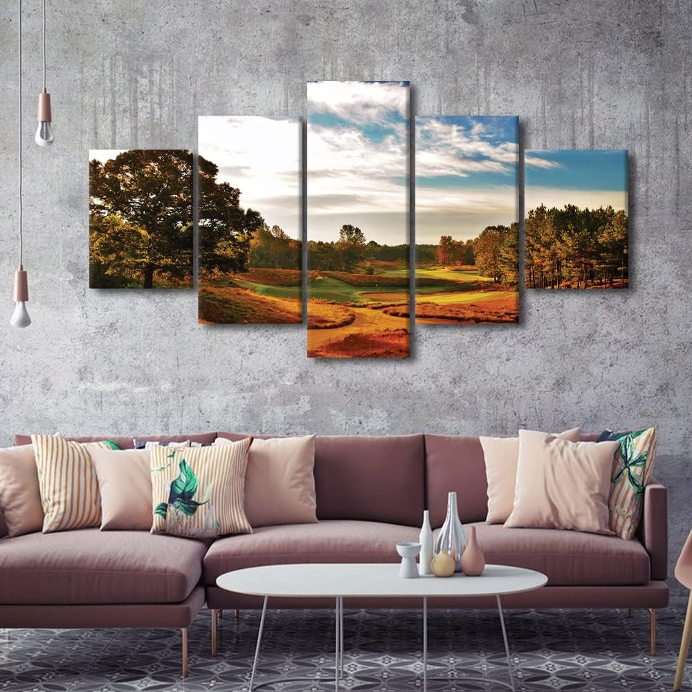 House Decorations Living Room Golf Course Cityscape Pictures Green Lawn Paintings 5 Panel Contemporary Wall Art on Canvas Premium Quality Artwork Framed Posters and Prints Ready to Hang - 60"W x 32"H