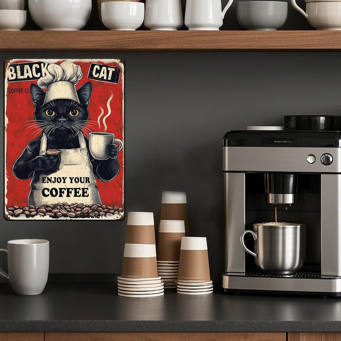 Metal Signs Black Cat Coffee Company Enjoy Your Coffee Sign Funny Vintage Tin Sign Sign Retro Wall Decor For Home Kitchen Office Farmhouse Yard Garden Shop Cafe Poster 12x16 Inch