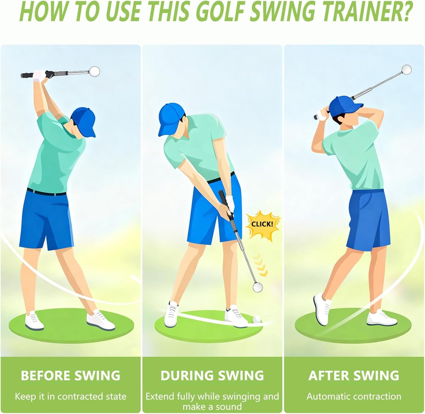 Retractable Golf Swing Training Aid, Portable Golf Grip Trainer & Golf Swing Trainer, Right-Handed Click Stick Golf Trainer for Warm up and Practice Chipping Hitting, Indoor & Outdoor Use