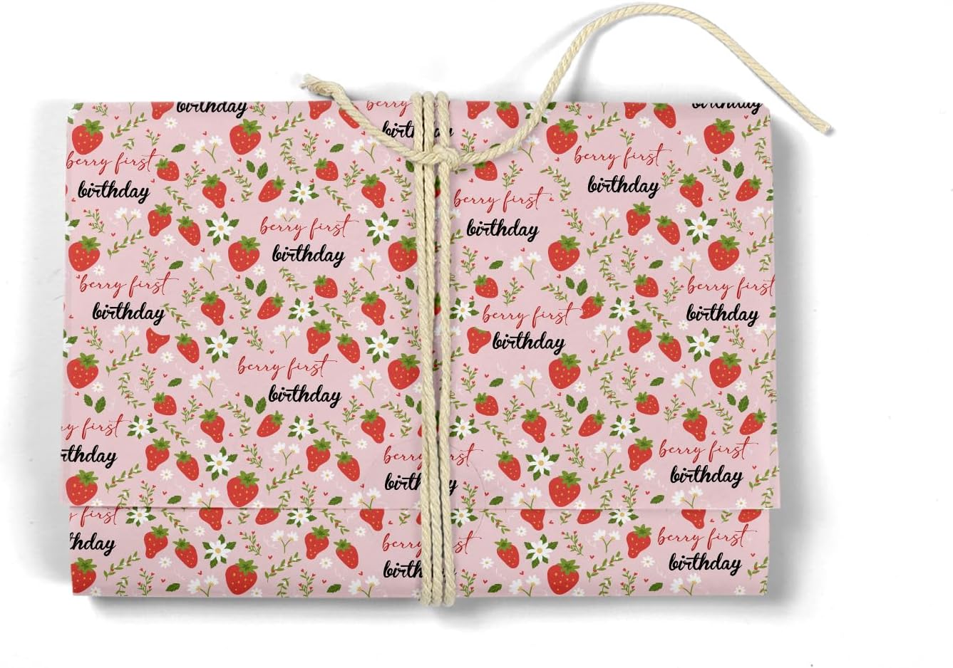 MJSXY Strawberry Wrapping Paper for 1st Birthday, Girl Birthday Wrapping Papers for Gift Bags, 5 Sheets 19.6x27.5 Inch Gift Wrap with Cute Strawberry Pattern, Baby Shower Party Supplies Decorations