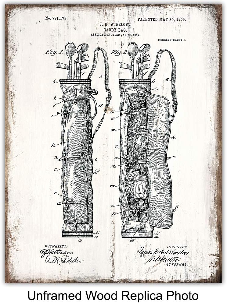 Golf Balls, Clubs, Tees, Bags Patent Print Wall Art - Rustic Room Decor for Office, Man Cave, Den, Living Room - Gift for Men, Teens, Guys, Golfing Sports Fan, Golfer - Sign Print Photo Plaque Set