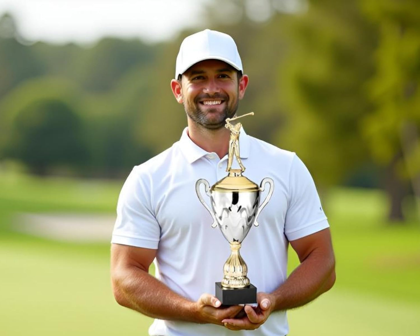 Premium Golf Trophy – Large Gold and Silver Metal Cup with Male Golf Driver Figure – Custom Engraved Plate – Elegant Golf Award for Tournaments, Championships, Charity Events, Corporate Events