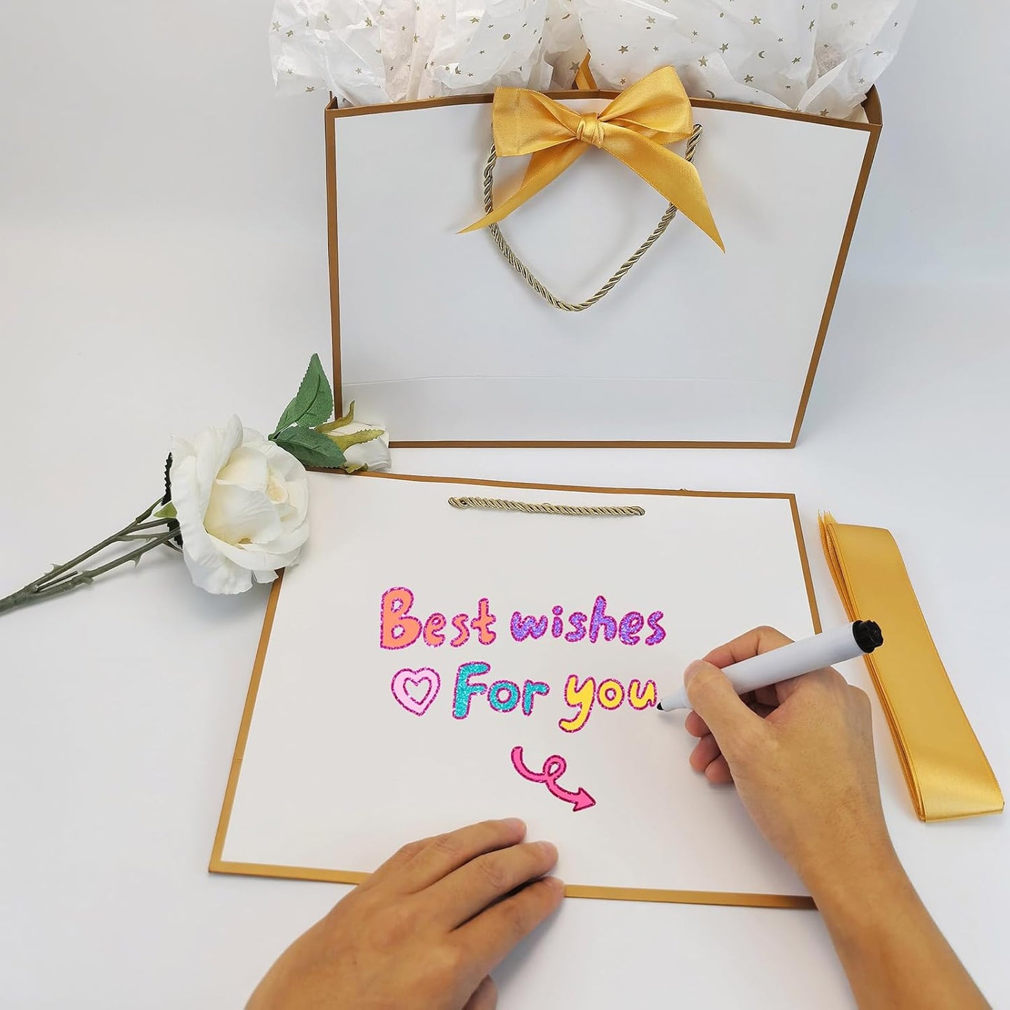 TKSBAG 12PCS Gift Bags Medium Size with Handles, 12.5 x 9.8 x 4.3 In White Gold Thank You Bags with Bow Ribbon for Wedding, Birthday, bridesmaid, Groomsmen, Party Favors, Thanksgiving, Christmas