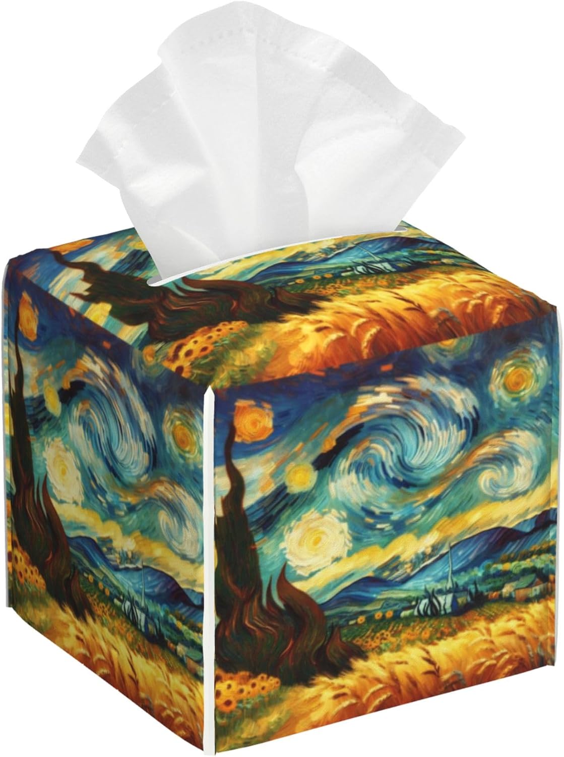 Starry Night Tissue Box Cover Square, Abstract Impressionist Oil Painting Tissue Box Holder Waterproof Leather Facial Paper Organizer Dispenser for Bathroom Home Car Nightstand Vanity Desk