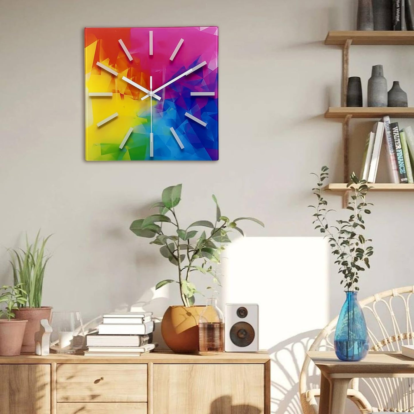 Square Glass Wall Clock Silent Analog Wall Clocks Battery Operated 12 Inch Colorful Wall Clock for Bedroom Living Room Office Classroom