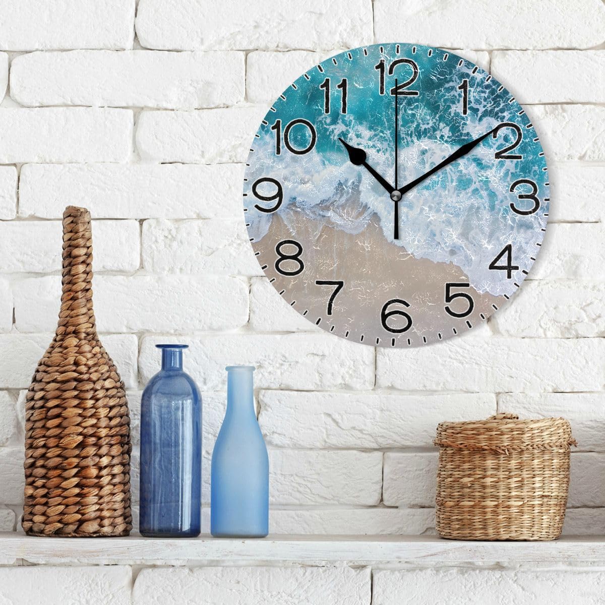 Beach Waves Wall Clock Battery Operated Non Ticking Silent Quartz Analog Rustic Farmhouse Round Clock Retro Decor for Home Kitchen Living Room Bathroom