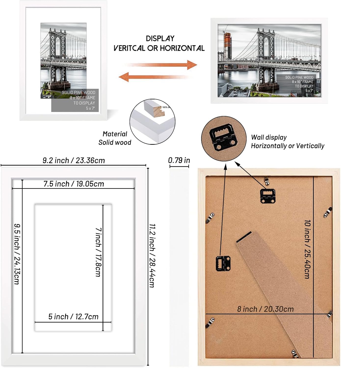 8x10 Solid Wood Picture Frames with Mat or without Mat - 5x7 & 8x10 Sizes - Wall Mount or Table Top (White)