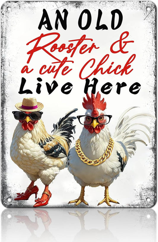 Funny Cute Chicken Coop Accessories Metal Tin Sign Vintage Style An Old Rooster & A Cute Chick Live Here Iron Poster Home Garden Kitchen Wall Decor 12x16 Inch Farmhouse Outdoor Plaque