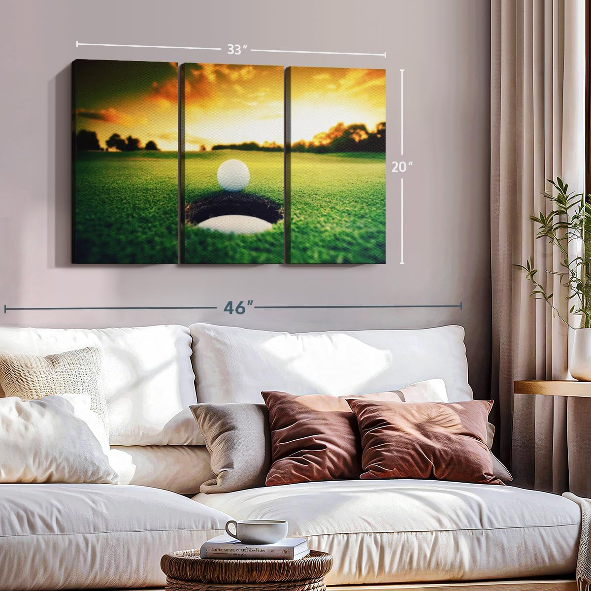 ElephantStock Golf Ball Wall Art - Horizontal Canvas - 3-Piece Living Room Wall Decor - Photography Sports Canvas Print - Orange and Yellow Decor for Wall - 33" X 20"