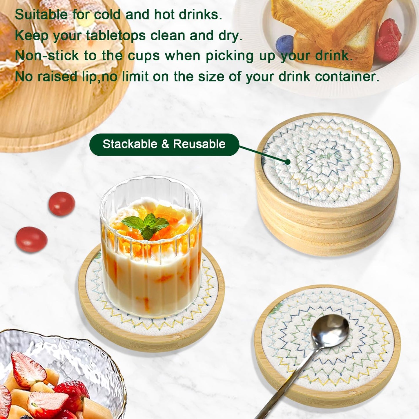 5 Pack Bamboo Wood Drink Coasters, Absorbent, 4.3 Inch Round Coasters for Coffee Tables, Kitchen, Farmhouse, and Office (White Series)