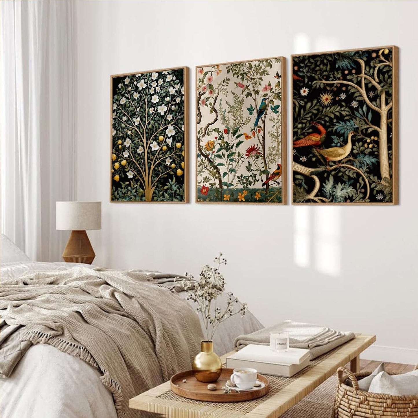 MTFBWY 3Pcs Vintage Botanical And Bird Wall Art prints, Nature Plant Framed Canvas Wall Art, Floral Posters Prints, Wildlife Pictures Artwork Decor Living Rooms Bedrooms Offices (Green Plants, 24L" x 16W", Natural Framed)