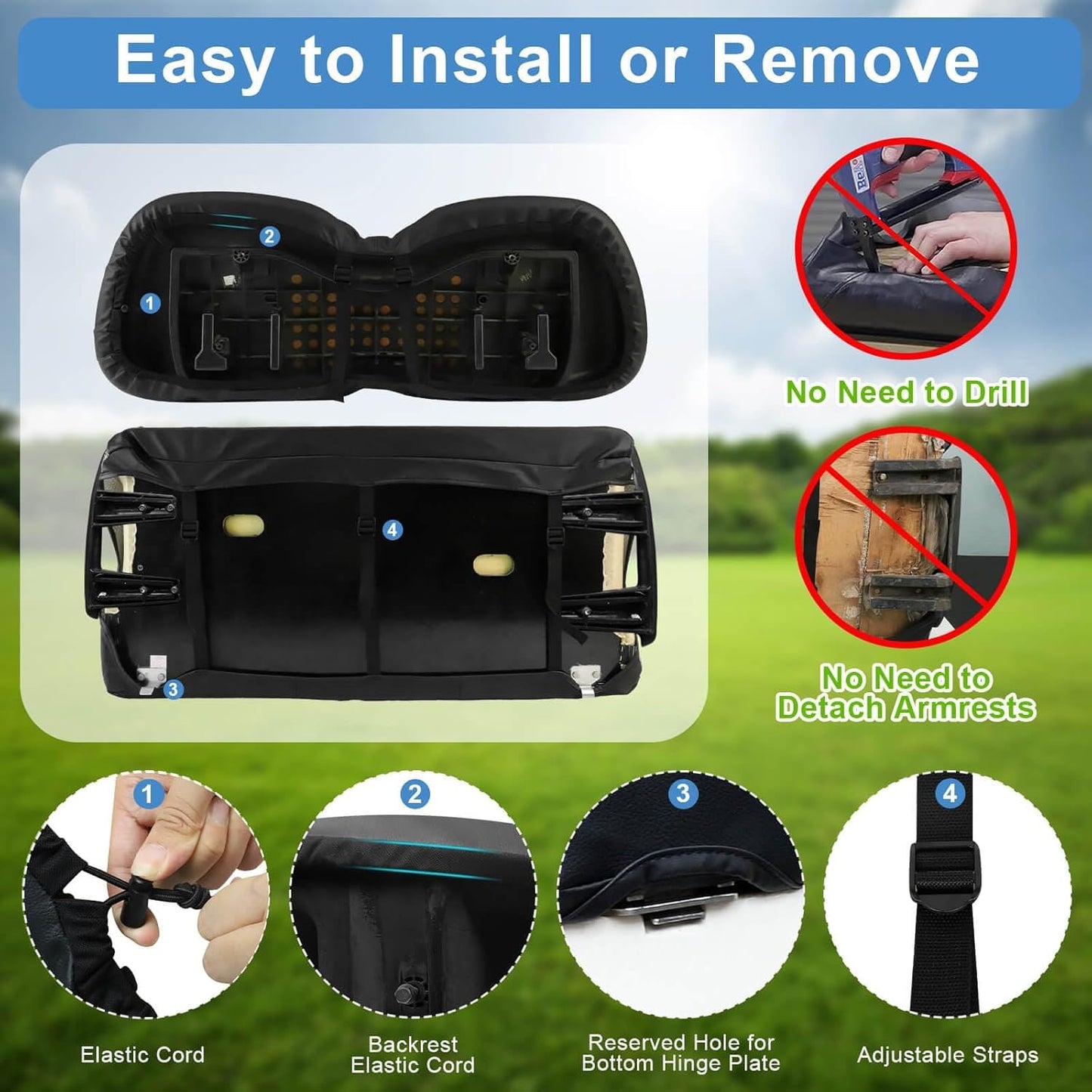 MOSNAI Club Car Precedent Seat Covers, Golf Cart Seat Covers for Club Car Precedent OEM Ordinary Seat, Breathable Polyester Mesh Cloth and Leather Combination Appearance, No Need Detaching Armrests