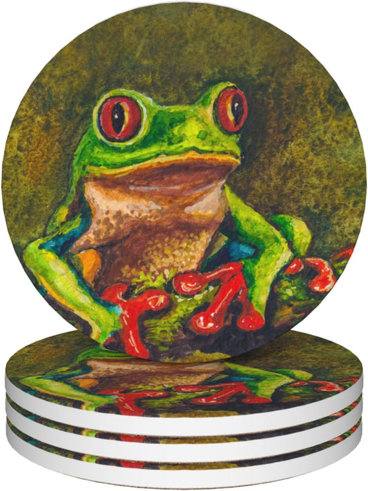 Drinks Coasters Set of 4, Tree Frog Round 4" Cup Coasters, Absorbent Ceramic Stone Coasters with Cork Base, Cute Coasters for Table Home Décor, Ideal Gifts for Women Men