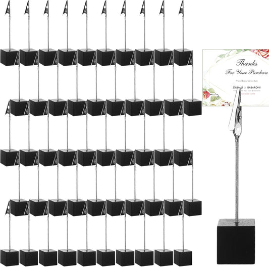 50 Pcs Place Card Holder Cube Photo Clips Holder with Alligator Clip, 4.7 x 1 Inch Table Number Holders Cube Base Memo Clips Holders for Displaying Pictures Number Card Wedding Party (Black)