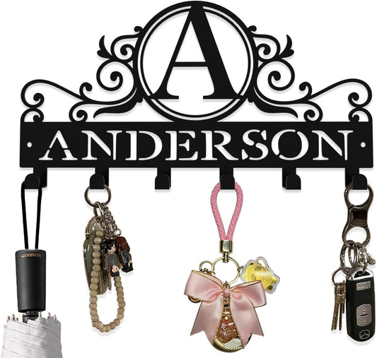 10" Custom Metal Key Rack Hooks, Personalized Key Holder for Wall,Name Background Letter Theme Wall Decoration Key Hooks, Key Hanger Organizer for Living Room, Entryway, Bathroom, Kitchen Decor