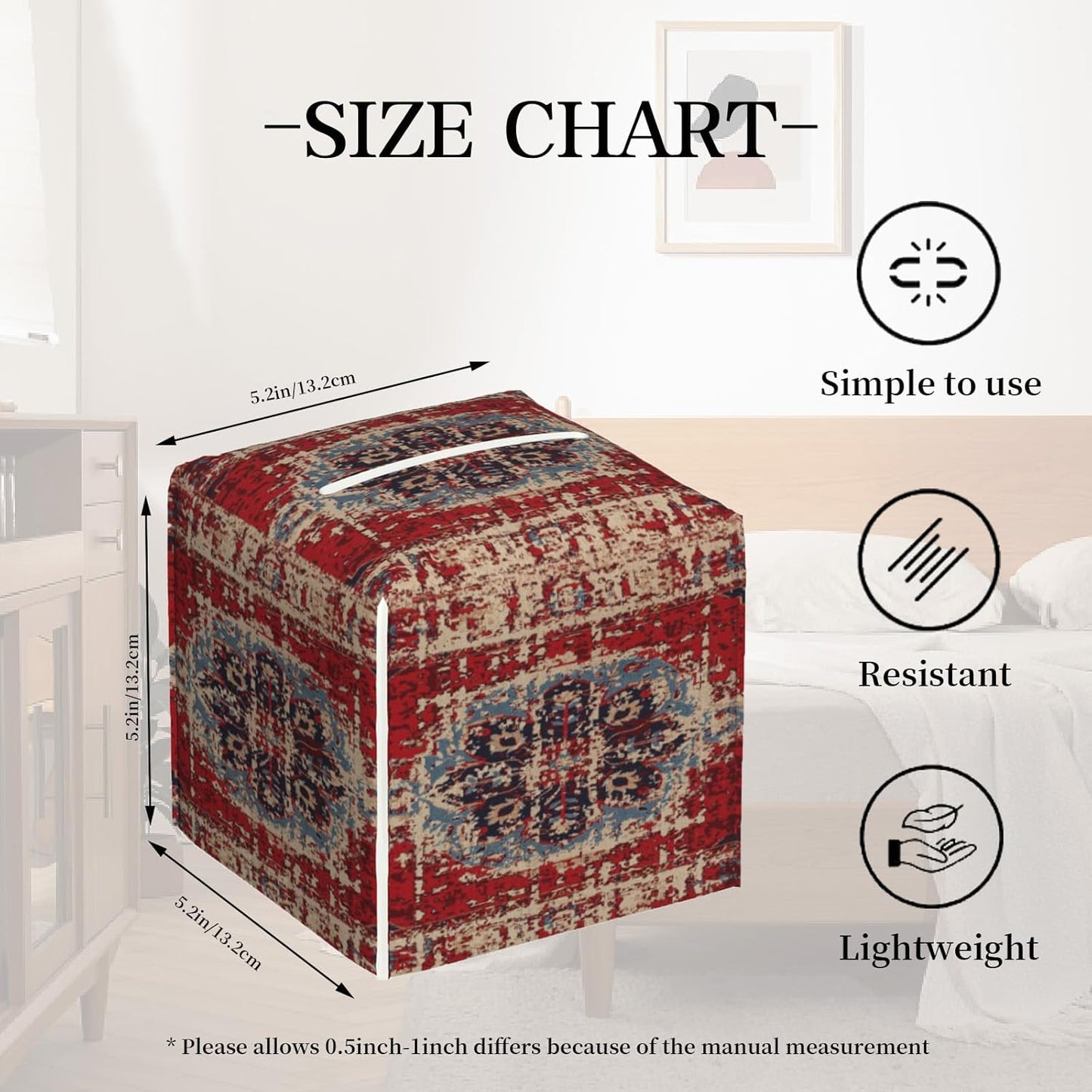 Tissue Box Cover Square, Vintage Boho Carpet Rug Leather Tissue Box Holder Decorative Organizer for Bathroom, Home Office Car Decor