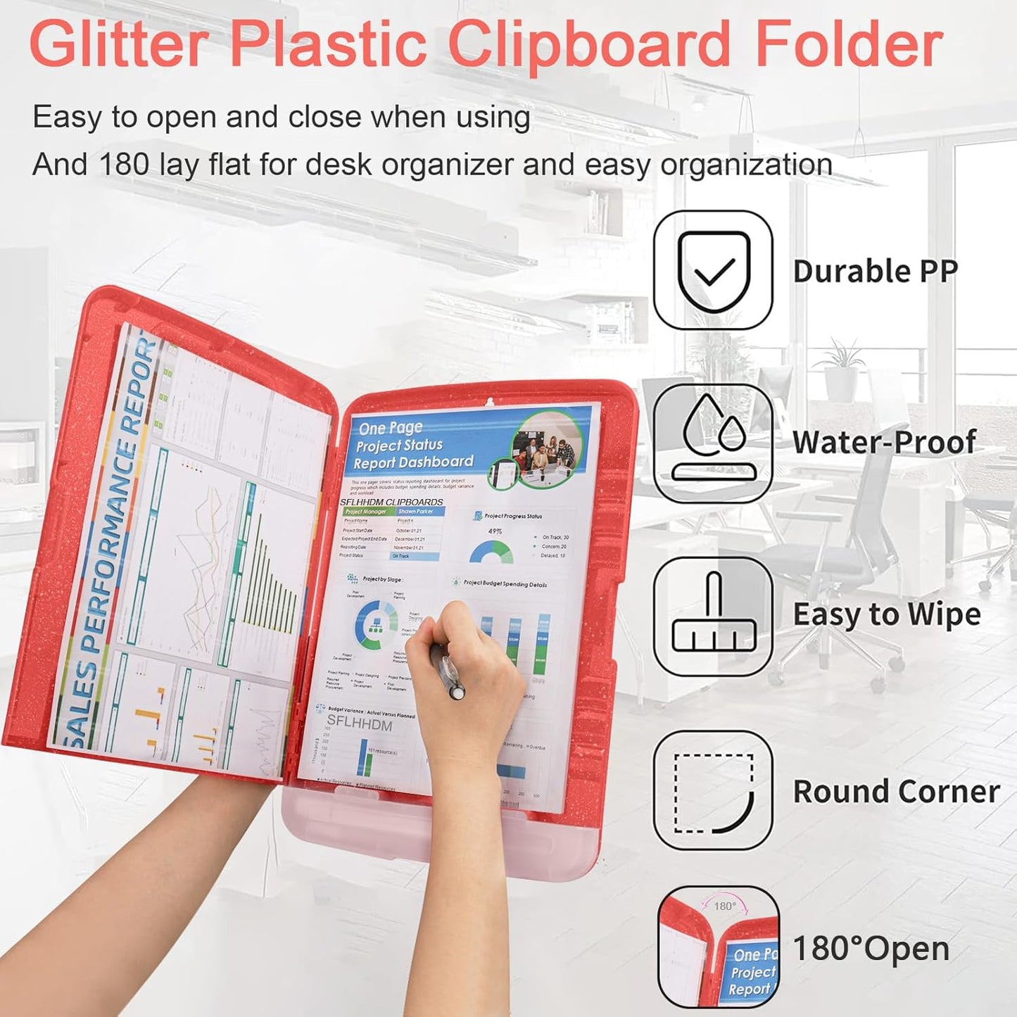 Glitter Clipboard with Storage,Storage Clipboard with Pen Holder,A4 Binder Clip Boards 8.5x11 with Low Profile Clip,Side Opening Sparkle Clipboards,Clipboards Folder for Office Supplies-Grapefruit Red