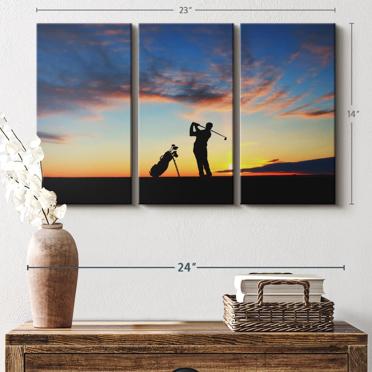 ElephantStock Golfing At Sunset Wall Art - Horizontal Canvas - 3-Piece Living Room Wall Decor - Golf Photography Canvas Print - Black and Orange Decor for Wall - 23" X 14"