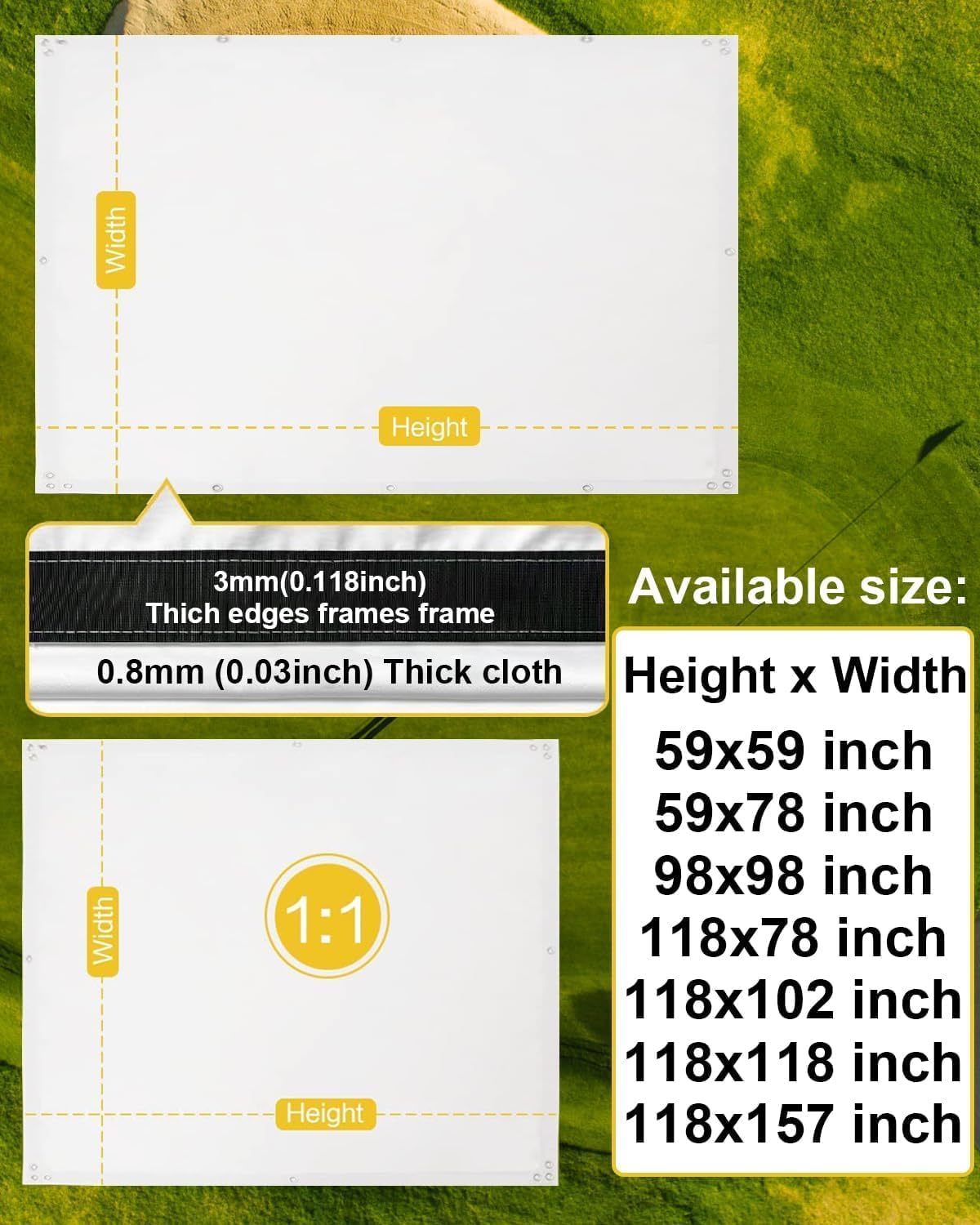 Golf Simulator Impact Screen（118 * 78 98 * 98 118 * 118 118 * 138） for Golf Training, Indoor Golf Simulators, Washable Golf Impact Screen for Golf Practice