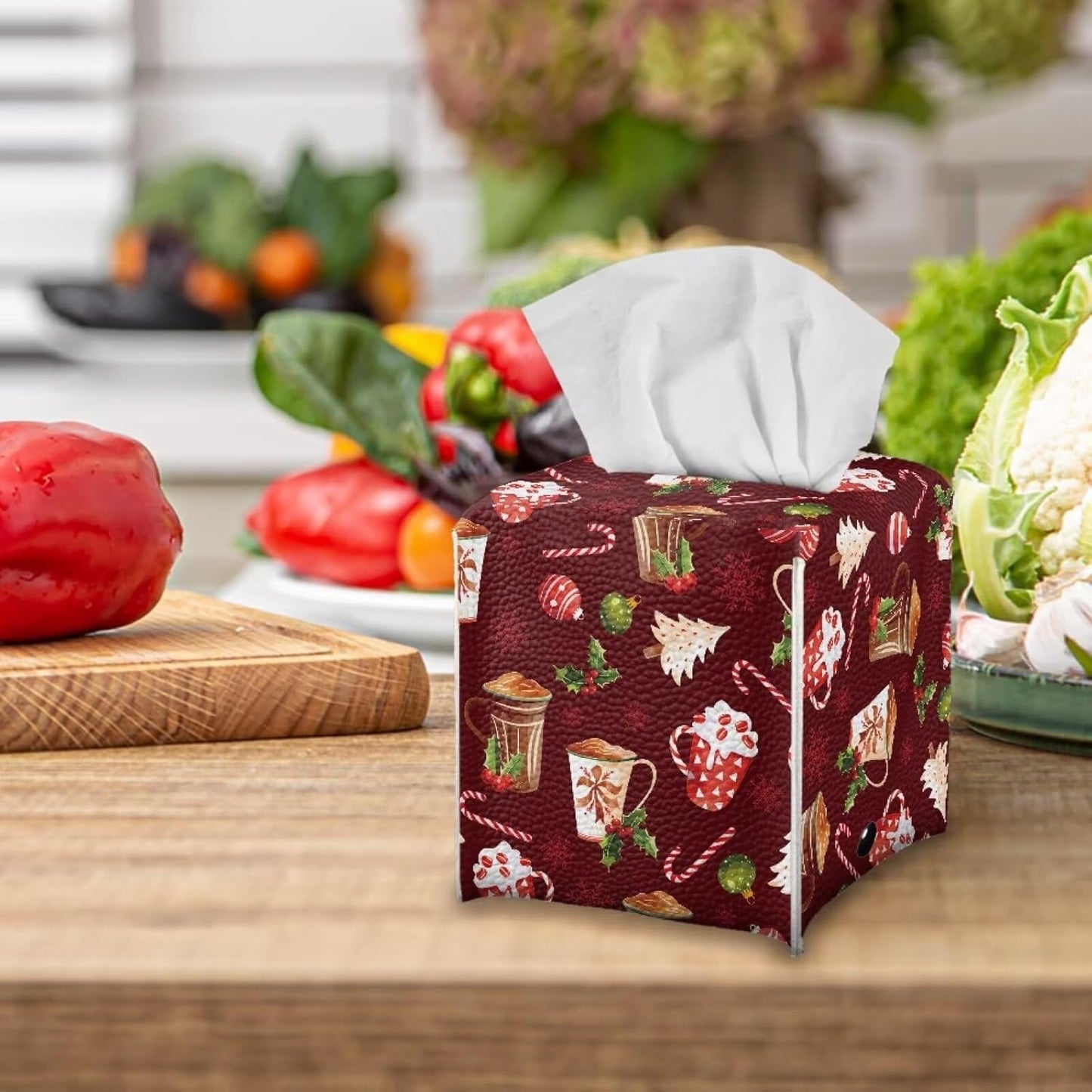 Christmas Tissue Box Cover Waterproof Square PU Leather Facial Tissue Box Holder for Dresser Bathroom Decor Xmas Home Decor for Living Room Bedroom