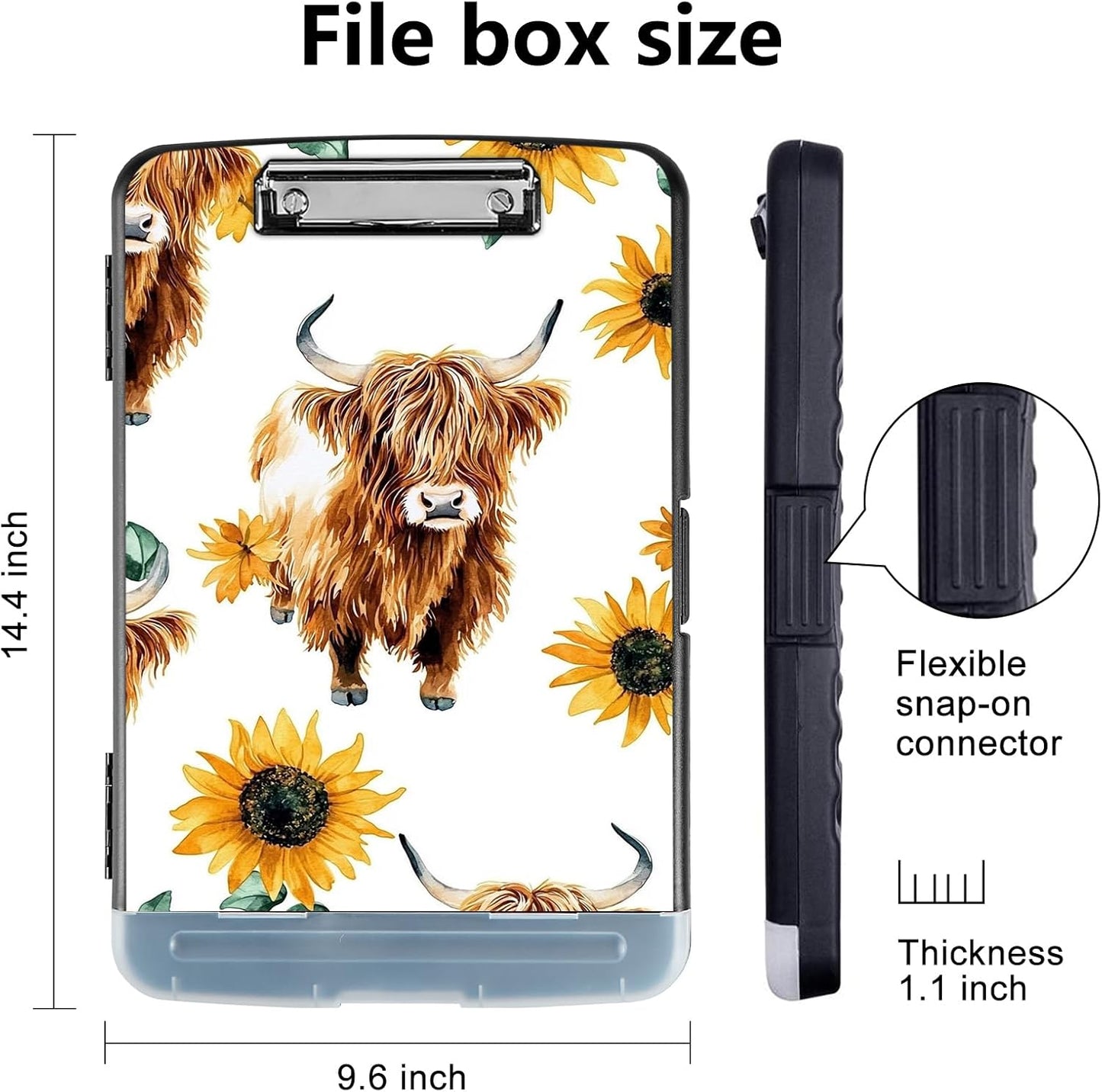 Clipboard with Storage - Large Capacity,Nursing Clipboard with Pen Holder,Heavy Duty,Plastic Side-Opening Folder for Teacher,Nurse - Sunflower Highland Cow