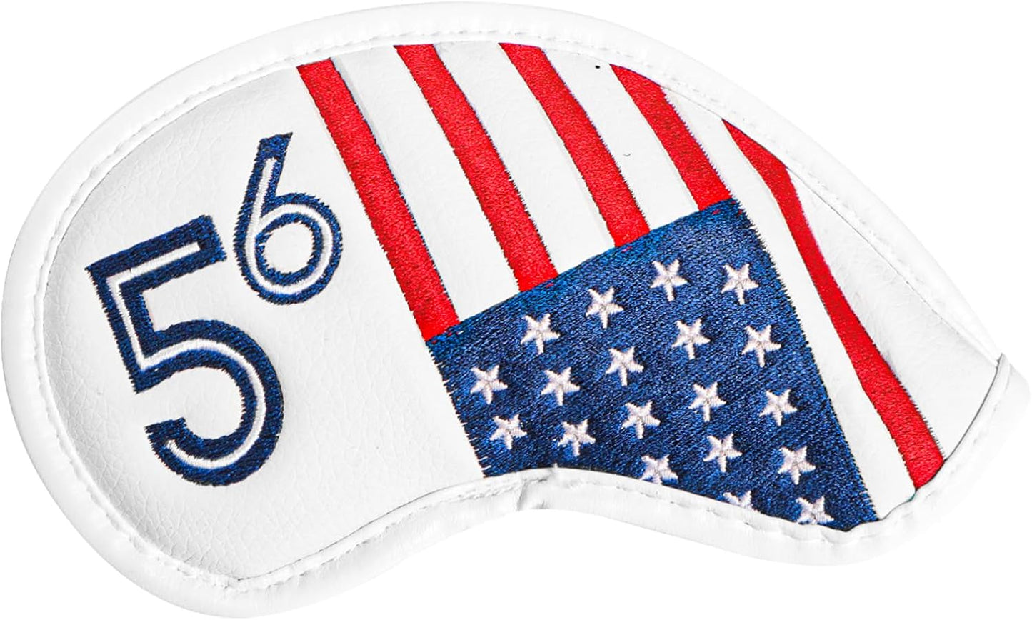 Golf Iron Wedge Head Covers 52° 54° 56° 60° 1 or 4 Pack, Synthetic Leather Clover USA Flag Design Club Head Protection, Universal Headcover Fit Iron Clubs for Men Women