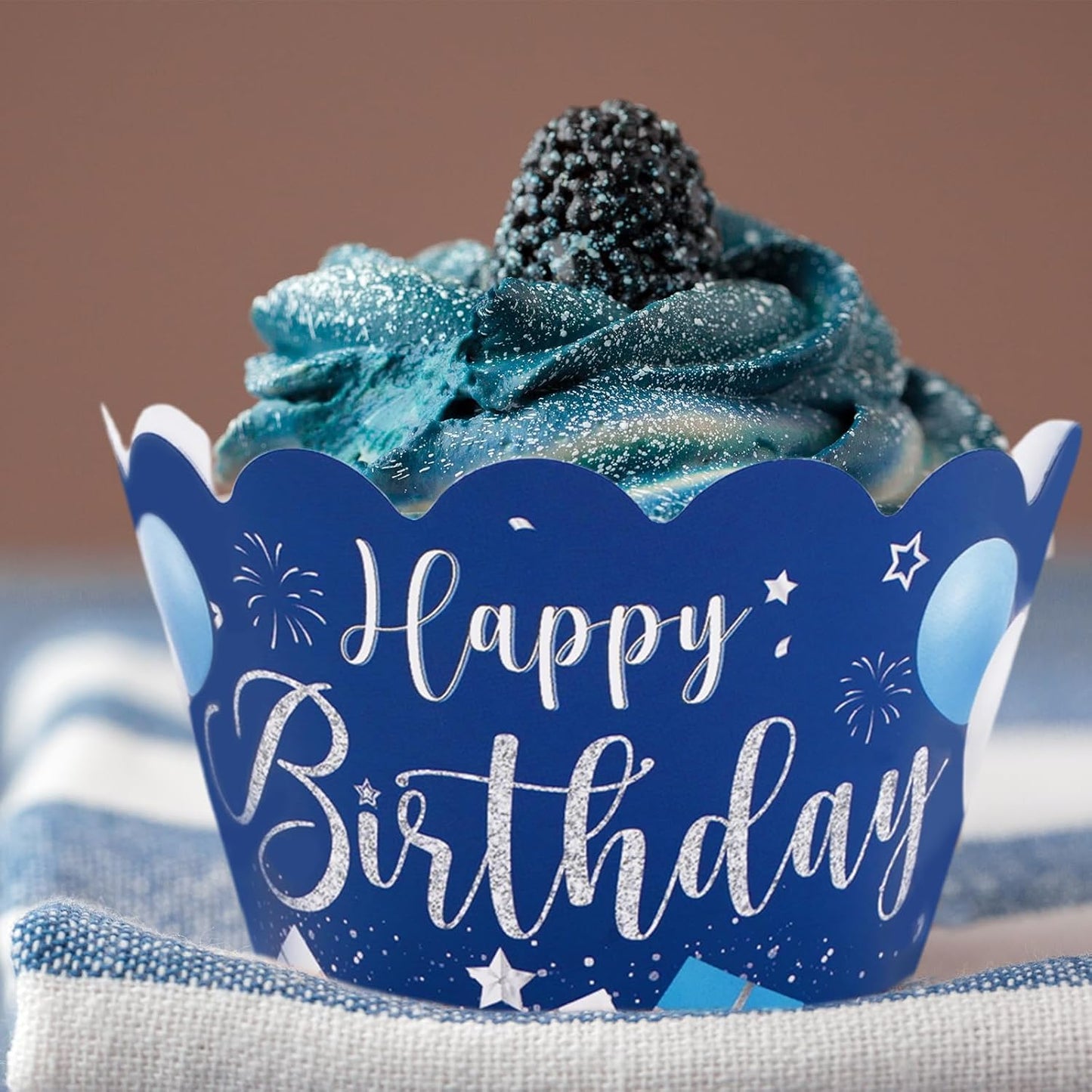Whaline 36Pcs Happy Birthday Cupcake Wrappers Blue Silver Birthday Cupcake Liners Decorative Cupcake Holders for Baby Shower Birthdays Party Cake Decoration